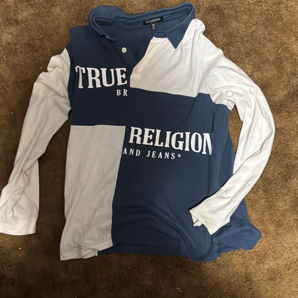 True Religion Navy and White Color Block Shirt Size M Medium - Men’s